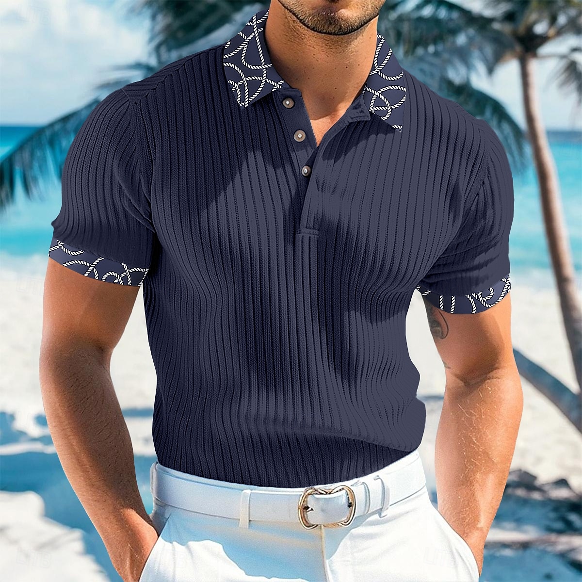 Homens Top de malha canelada camisa muscular Trabalho Casual Lapela gola pólo com nervuras Manga Curta Básico Moderno Bloco de cor Botões Tricotado Verão Primavera Verão Fino Branco Vinho Azul de 2025 por $22.99 –P4