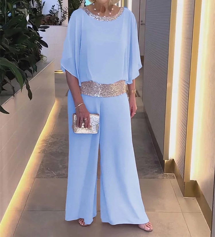 Two Piece Jumpsuit / Pantsuit Mother of the Bride Pantsuit Elegant Vintage Simple Boat Neck Floor Length Chiffon Half Sleeve with Sequin 2025 - $99.99 –P1