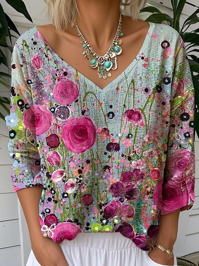 Dame Bluse Blomstret Grafisk Tropisk Stilfull Fritid 3/4 ermer V-hals Vanlige topper Daglig Blå Fuksia Grønn Sommer Vår 2025 - $24.99 –P3