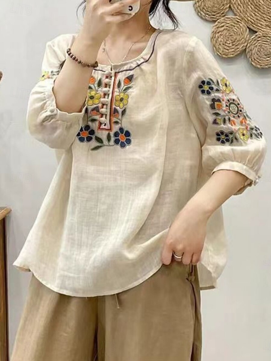 Femmes Chemise Fleuri Élégant Occasionnel Manche 3/4 Col ras du cou Hauts Réguliers Quotidien Broderie Vert Claire Rose Claire Fuchsia Abricot Bleu clair Été Printemps de 2025 ? $19.99 –P4