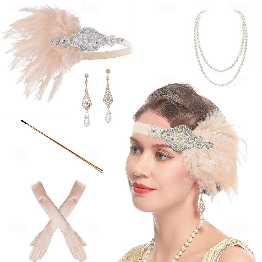 1920-as évek A nagy Gatsby Flapper fejpánt Gyöngyös karkötő Fülbevaló A nagy Gatsby Toll Retro Csillogó glitter Kristály / Strassz Női Farsang Valentin nap Álarcos mulatság Party estélyi viselet 2025 - $24.99 –P1