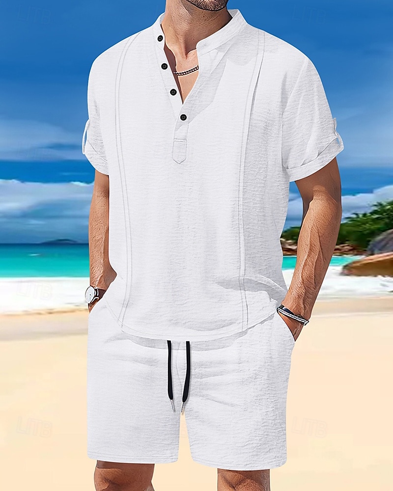 Men's T-shirt Suits 2 Pieces Outfits Tee & Shorts Short Sleeve Henley Summer Plain Fashion Casual 2 Piece Vacation Daily Wear Going out White Royal Blue Brown Top Tee for Men 2025 - $35.99 –P6