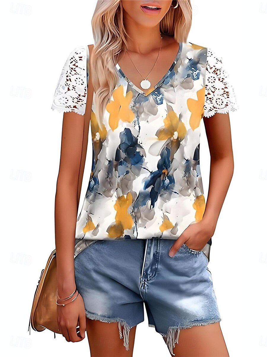 Womenské blůzy Krajka Splicing Top Květinové Listy Stylový Neformální Krátký rukáv V Krk Pravidelné topy Denní Krajkový potisk Žlutá Modrá Meruňková Léto Jaro 2025 - $19.99 –P5