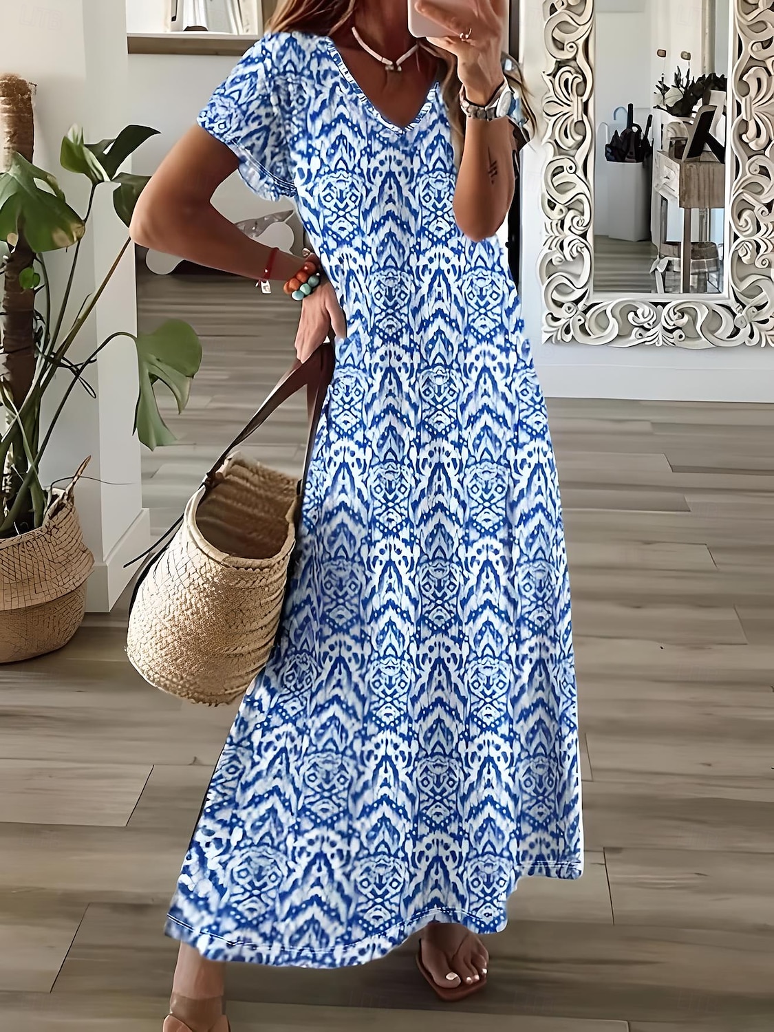 Damen Maxikleid Sommerkleid A Linie Kleid Urlaub Lässig Boho Ausgehen Strand Lässiger Schnitt Blumen Grafik Geometrisch Kurzarm V Ausschnitt Leicht Braun Blau Himmelblau Grau Sommer Frühling 2025 - $28.99 –P1