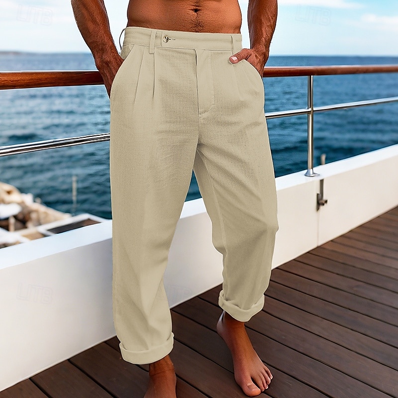 Herr Linne Byxor Långbyxor Sommarbyxor Strandbyxor Ficka Slät Komfort Andningsfunktion Semester Dagligen Helgdag Hawaiisk Boho gurkmeja Svart 2025 - $22.99 –P8