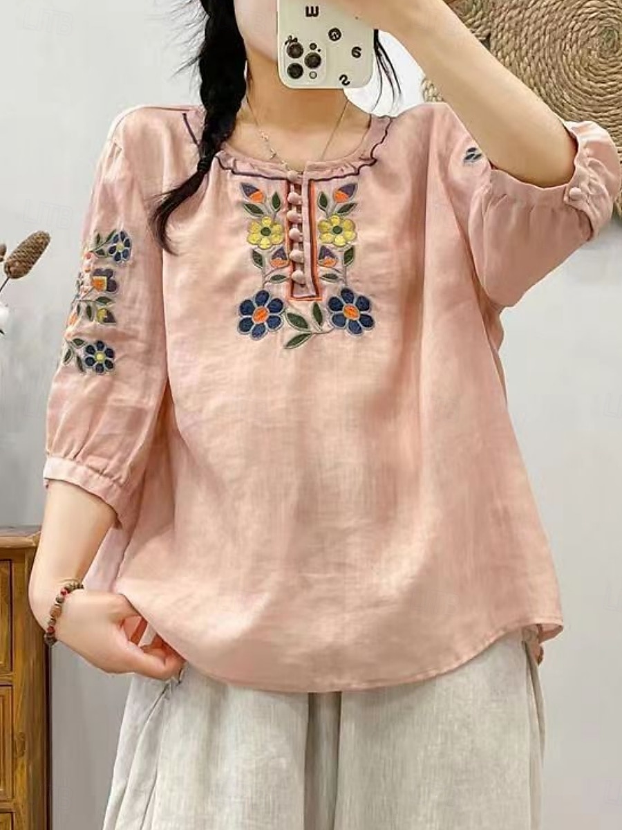 Femmes Chemise Fleuri Élégant Occasionnel Manche 3/4 Col ras du cou Hauts Réguliers Quotidien Broderie Vert Claire Rose Claire Fuchsia Abricot Bleu clair Été Printemps de 2025 ? $19.99 –P13