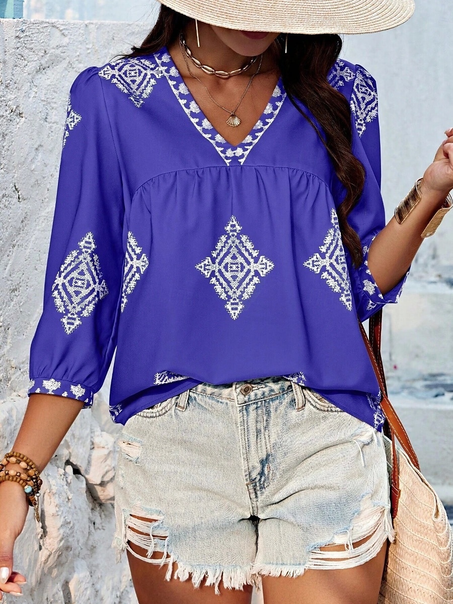 Mulheres Blusa Geométrica Boêmia Casual Manga 3/4 Manga Princesa Decote V Tops regulares Diário Imprimir Rosa Azul Marinha Roxo Verde Verão Primavera de 2025 por $22.99 –P16