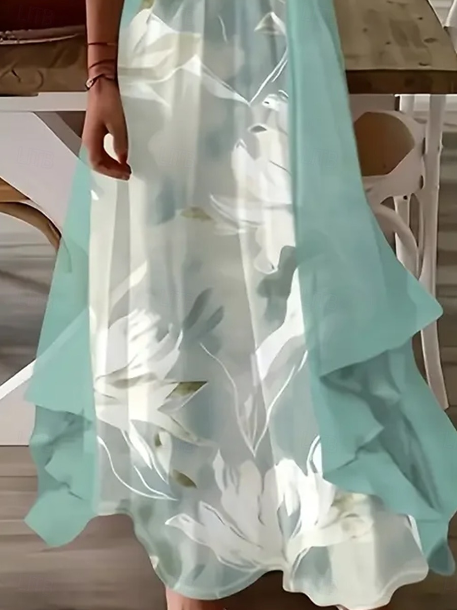 Women's Maxi Dress Dress Set Maxi Dress A Line Dress Summer Dress Vacation Boho Floral Layered Print 3/4 Length Sleeve Crew Neck Outdoor Daily Light Green Summer Spring Loose Fit 2025 - $51.99 –P3
