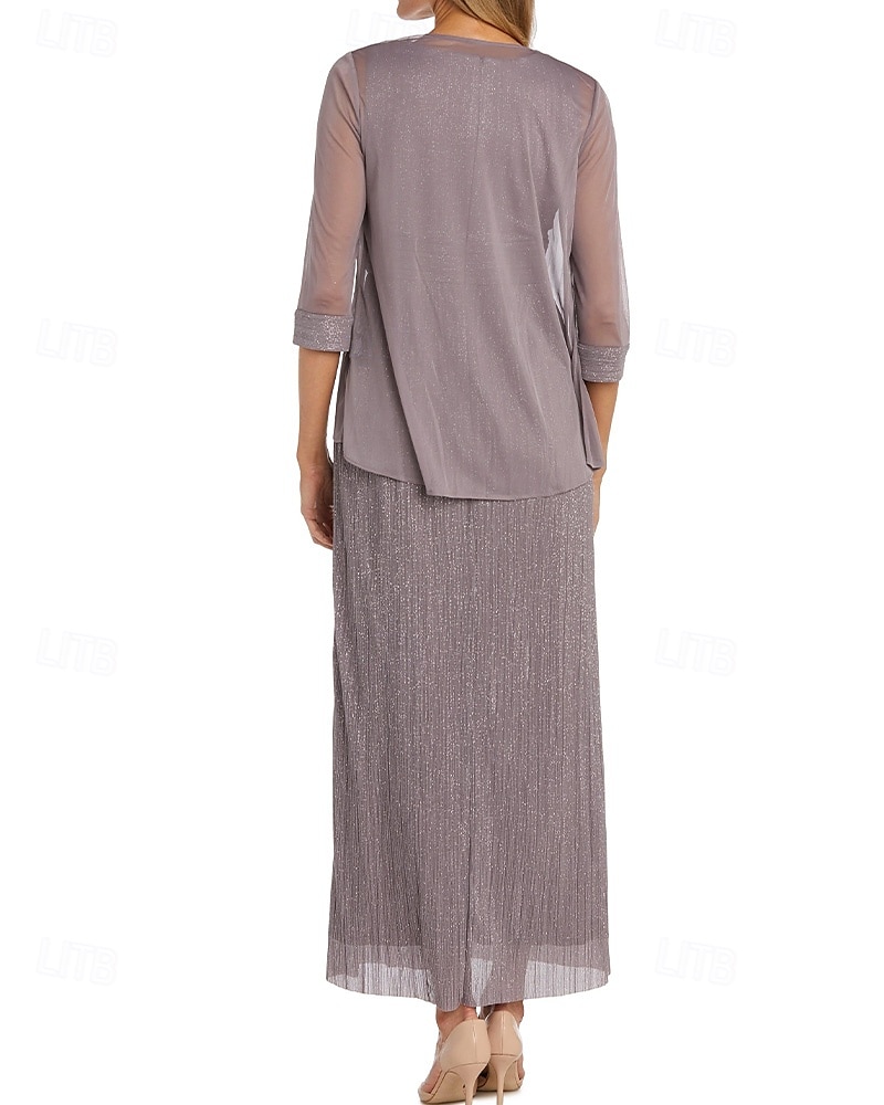 Zweiteilig Glitzer Chiffon A-Linie Kleid der Mutter der Braut Elegant Einfach Minimalistisch V-Ausschnitt Bodenlänglich Ärmellos Halblangärmel mit Jacke 2025 - $148.99 –P5