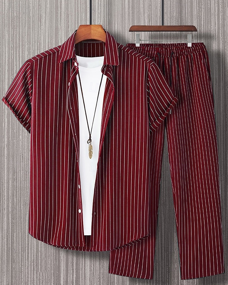 Men's Shirt Set T-shirt Suits 2 Pieces Outfits Tee & Shorts Short Sleeve Shirt Collar Summer Stripes Fashion Casual 2 Piece Vacation Daily Wear Going out Black Red Brown Top Tee for Men 2025 - $40.99 –P2
