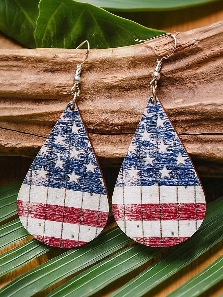 Pendientes colgantes de madera con diseño de girasol y bandera estadounidense para mujer: joyas ligeras de estilo bohemio patriótico para el Día de la Independencia, el 4 de julio, el Día de los Caídos y festivales de verano. 2025 - $7.99 –P1