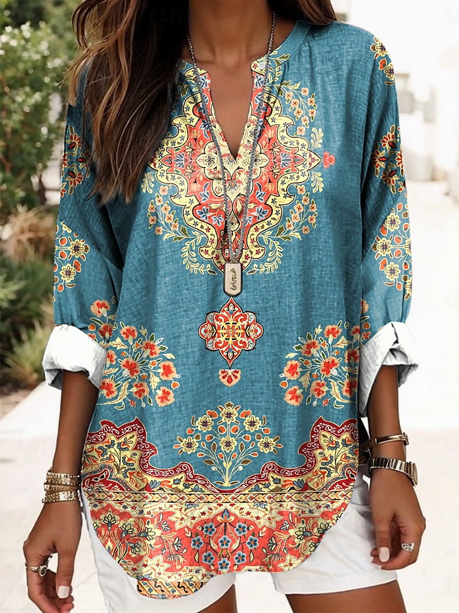 Dame Bluse Grafisk Geometrisk Elegant Daglig Langermet V-hals Vanlige topper Daglig Trykt mønster Svart Gul Rød Blå Gull Sommer Vår 2025 - $24.99 –P7