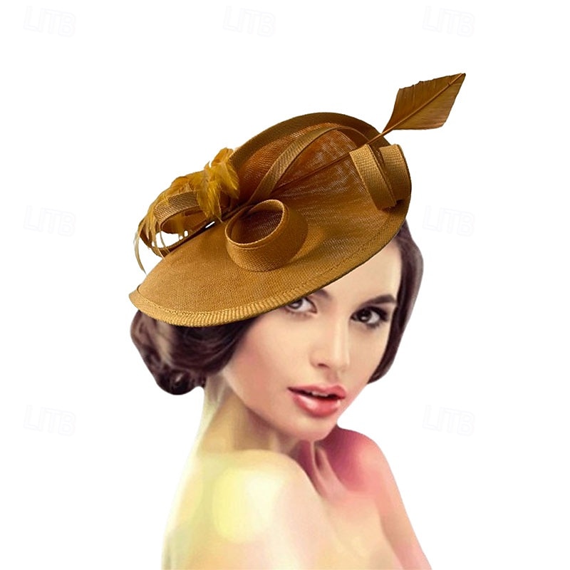 Coiffe Lin Chapeau Fedora Mariage Soirée Fête du thé Course de Chevaux Cocktail ancien Mignon Simple Avec Plume Casque Couvre-chef de 2025 ? $43.99 –P13