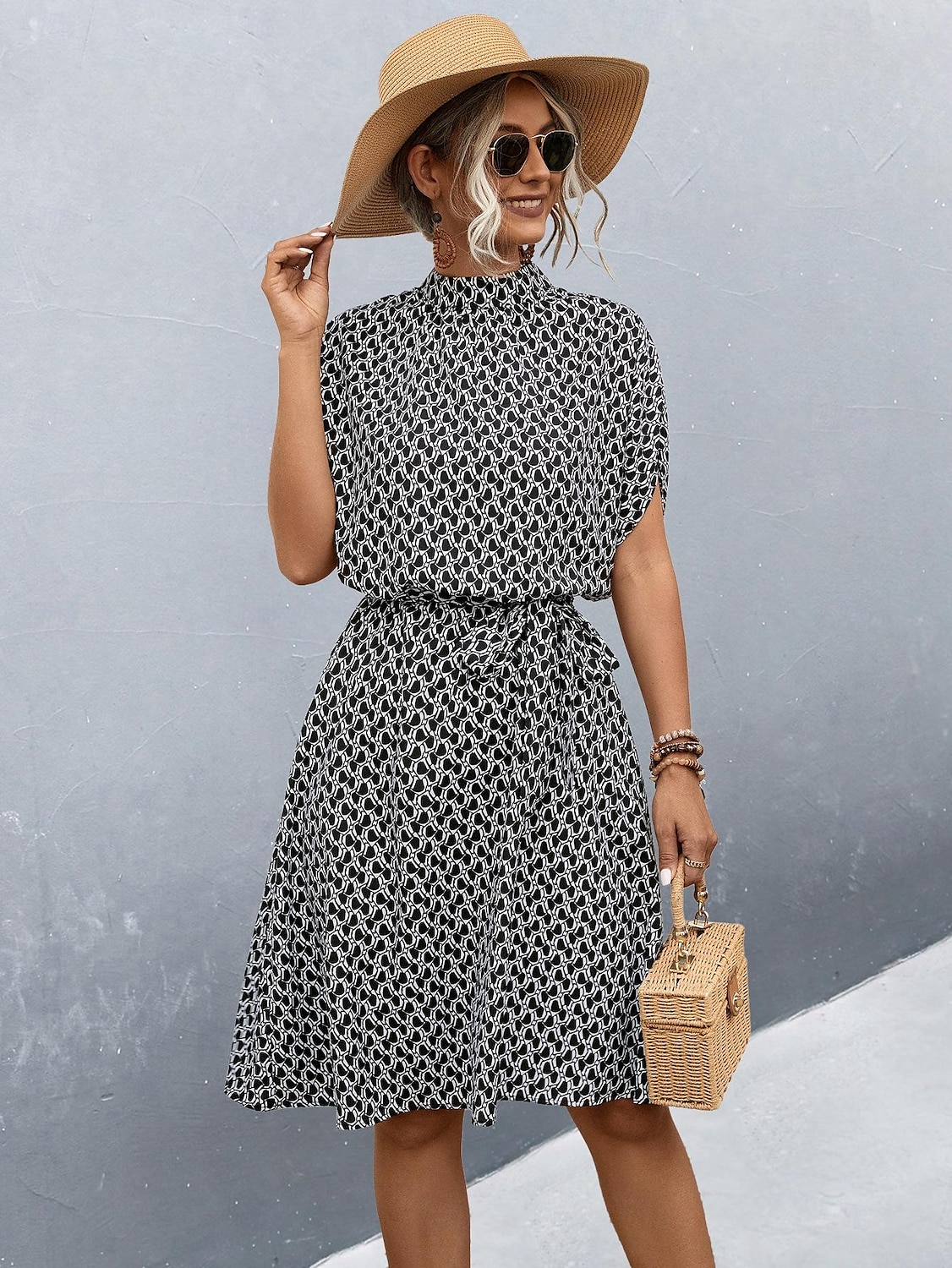 Damen Midikleid Figurbetontes Kleid Lässig Täglich Normale Passform Grafik Karomuster Kurzarm Hoher Ausschnitt Schwarz Braun Sommer 2025 - $29.99 –P5