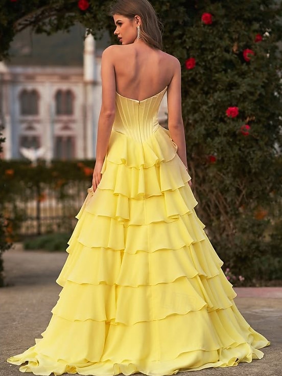 Smørgul Kjole Lagdelt Prom Kjoler Drop Waist Korsett Semi Formell Bryllupsgjester Sweep  Brush Tog Uten Ermer Hjerteformet Utringning Kjole Chiffon med Volanger Bordører 2025 - $189.99 –P3