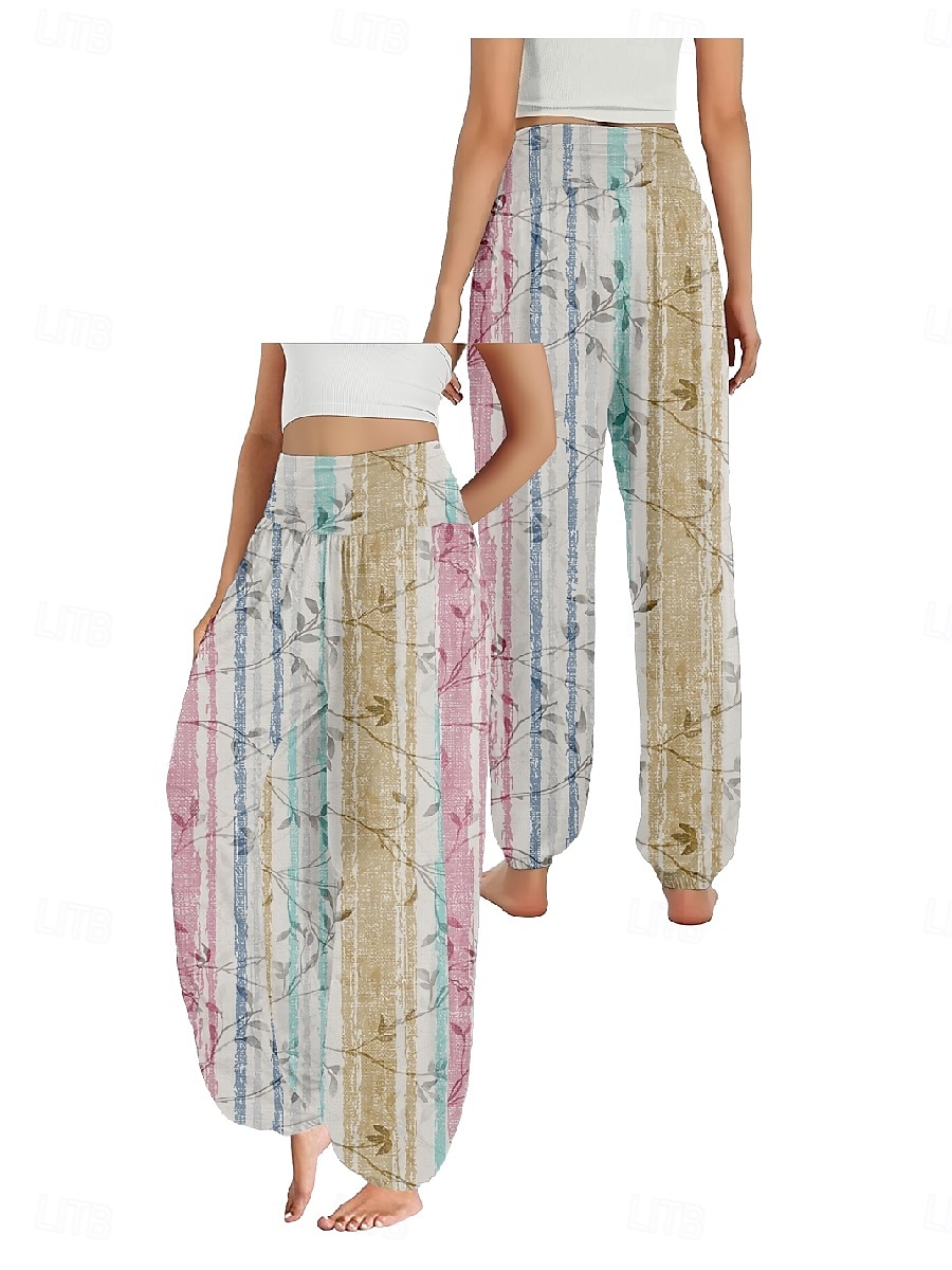 Dam Linneinspirerade byxor Brett skaft Byxor Etnisk Stil Ledigt Boho Fullängd Hög midja Blommig Ficka Elastisk midja Tryck Mateial som andas Mjuk Microelastisk Utomhus Yoga Rosa Kungsblå Blå Purpur 2025 - $20.99 –P3