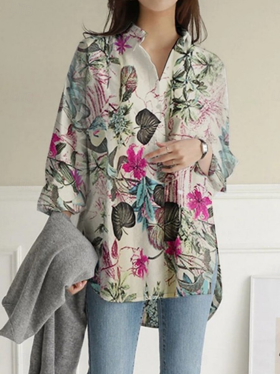 Per donna Camicia Floreale Elegante Moderno Casual Manica Lunga Collo a V Top Regolari Quotidiano Stampato Blu marino Viola Cachi Estate del 2025 a $22.99 –P5