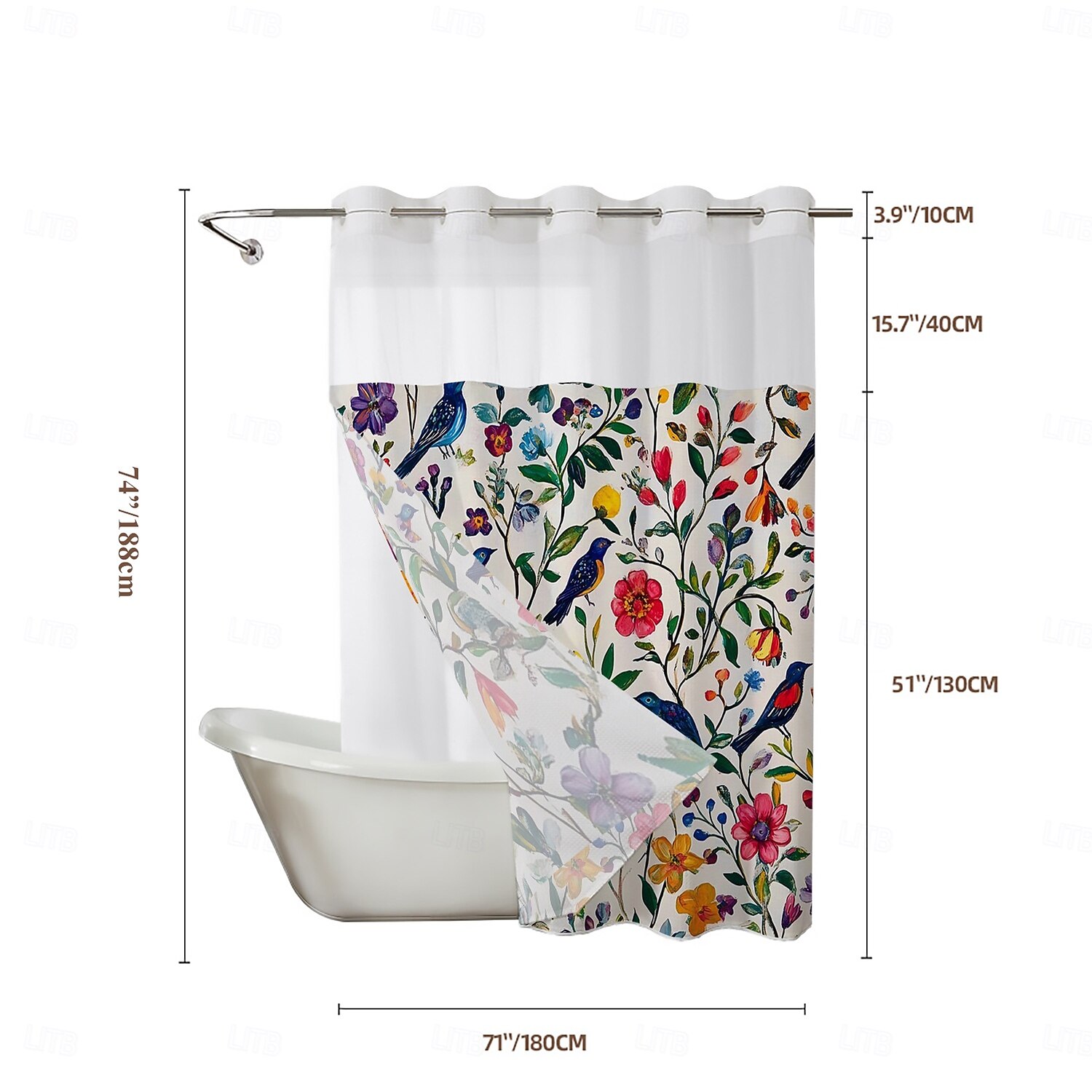Κουρτίνα Ντους Χωρίς Γάντζους 180cm*180cm(70"*70") με Ενσωματωμένο Κέλυφος Πολυεστέρα Διαφανές Παράθυρο Αδιάβροχη Διπλή Κουρτίνα Μπάνιου με Λουλούδια και Πουλιά 2025 - $41.99 –P5