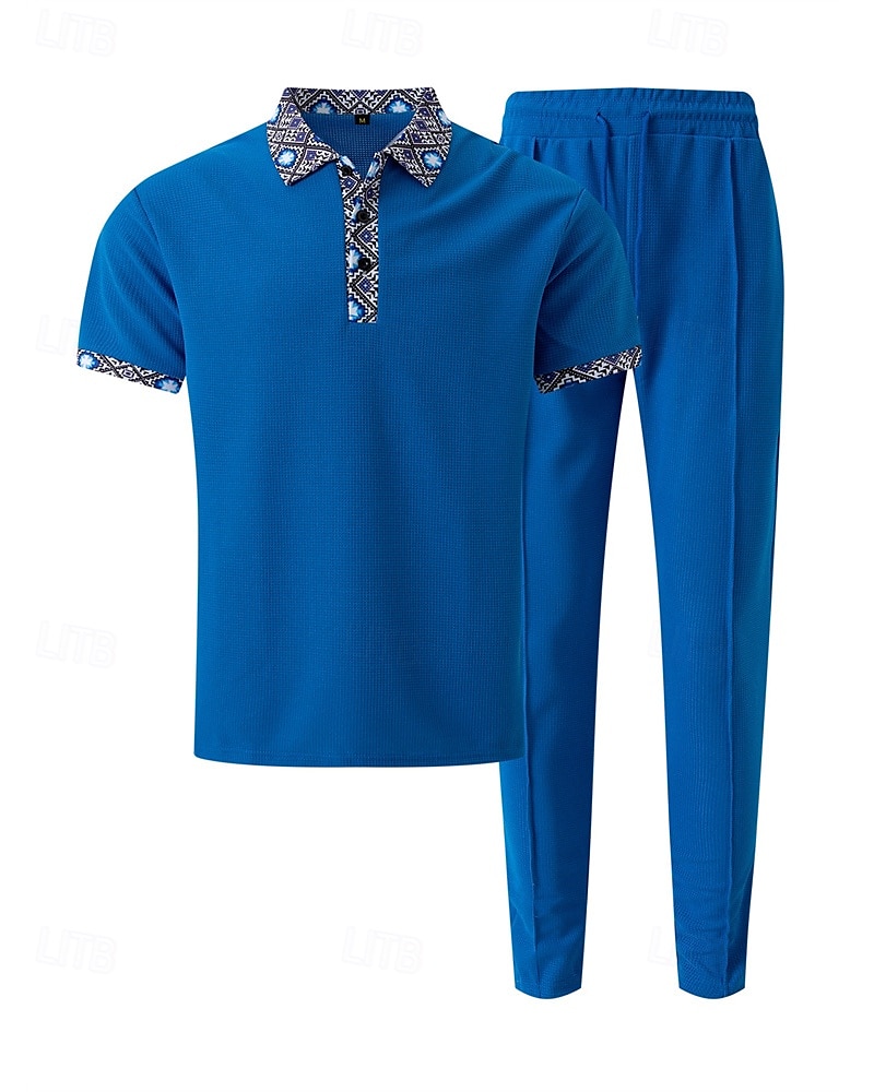 Voor heren Wafel Shirt T-shirt past Shirt- en broeksets 2 stuks outfits Korte mouw Revers Zomer Kleurenblok Modieus Casual Lapwerk 2-stuks Vakantie Alledaagse kleding Uitgaan Zwart Wit Koningsblauw 2025 - $40.99 –P12