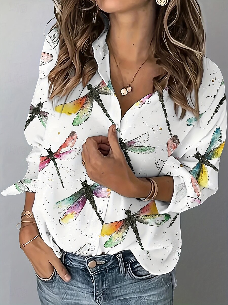 Camicia da donna a maniche lunghe con bottoni camicetta grafica animale casual colletto regolare top da lavoro quotidiano bottone stampa bianca estate primavera autunno del 2025 a $32.99 –P1