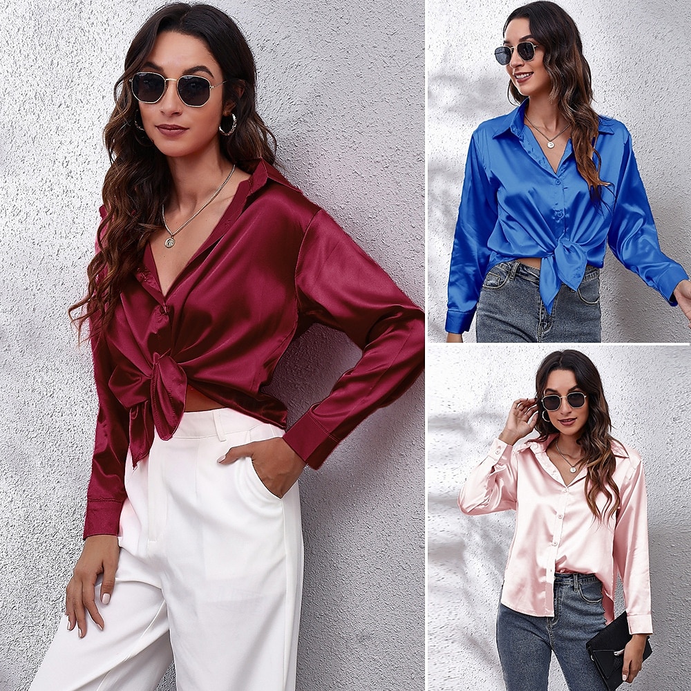 Dames Overhemd Effen Kleur Bloemig Effen Stijlvol Modern Casual Lange mouw Overhemdkraag Normale tops Dagelijks Knop Zwart Wit Blozend Roze Wijn Marine Blauw Zomer Lente 2025 - $14.99 –P1