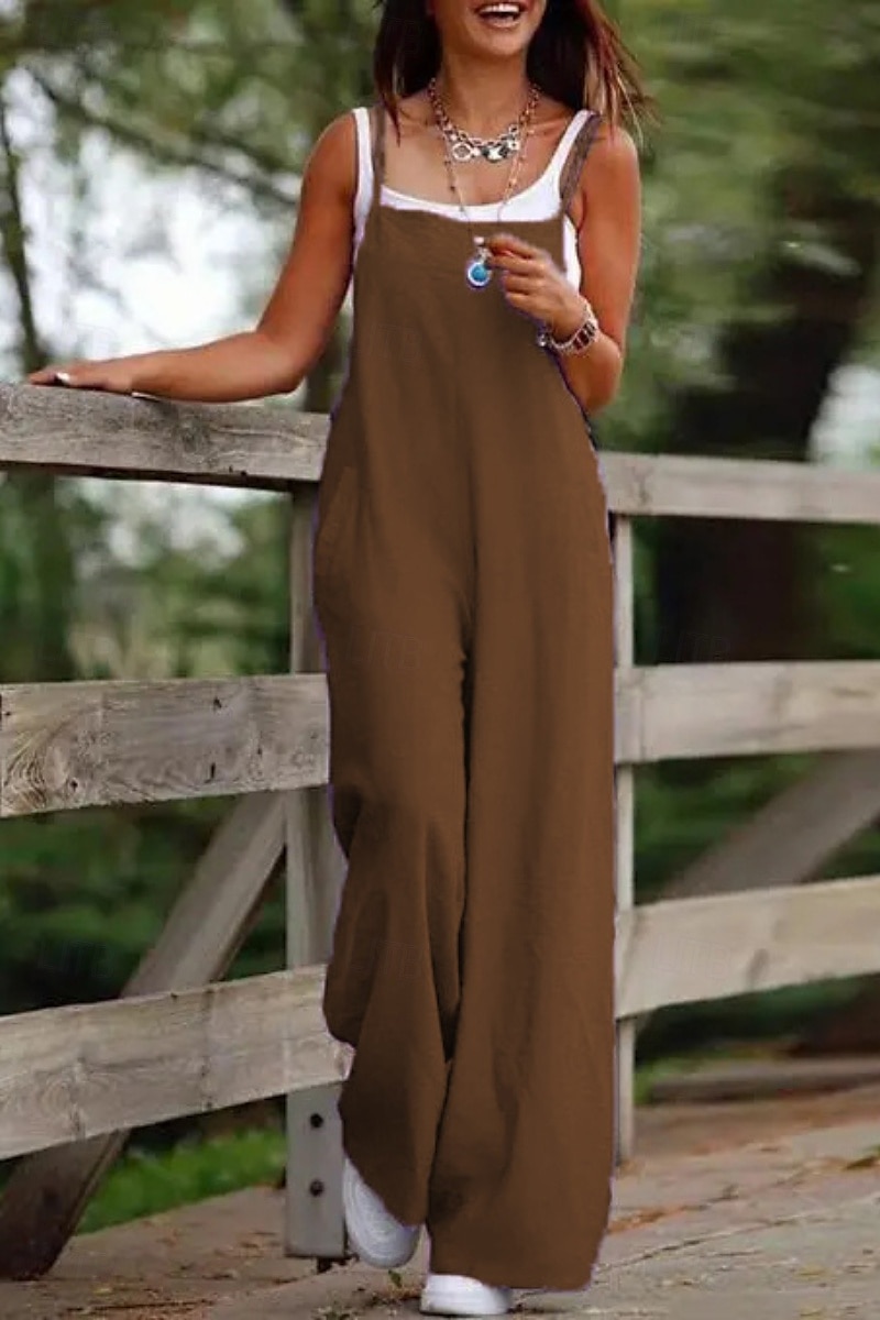 Per donna Normale Tuta intera effetto lino Casual Tinta unica Senza Maniche Collo a U Tasca Streetwear Uscire Vestibilità regolare Verde militare Rosa polverosa Rosso Estate del 2026 a $18.49 –P4