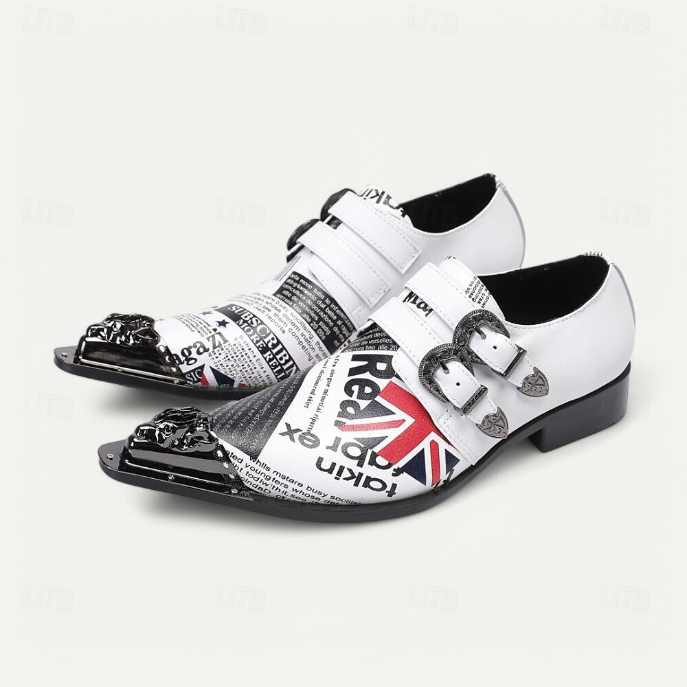 Weiße Punk-Rock-Monk-Strap-Dressschuhe für Männer mit goldener Spitze britischer Flagge – Statement-Schuhe für Musikfestivals Themenpartys und Konzerte 2025 - $109.99 –P2