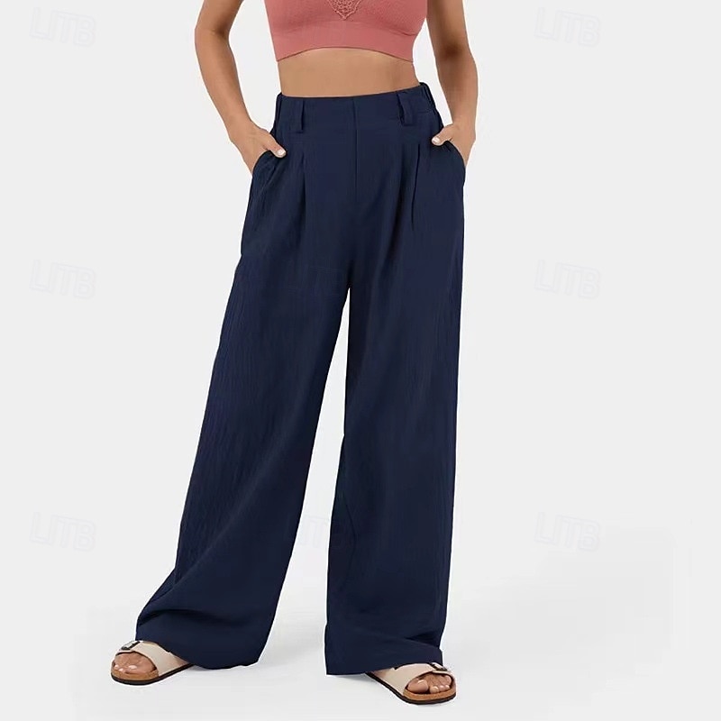 Damen Hose aus Baumwollleinen Palazzo-Hose Mode Streetwear Komfort Volle Länge Mittlere Taille Einfach Plissiert Tasche Bequem Außenbereich Straße Alltagskleidung Ausgehen Dunkelbraun Schwarz 2025 - $27.99 –P7
