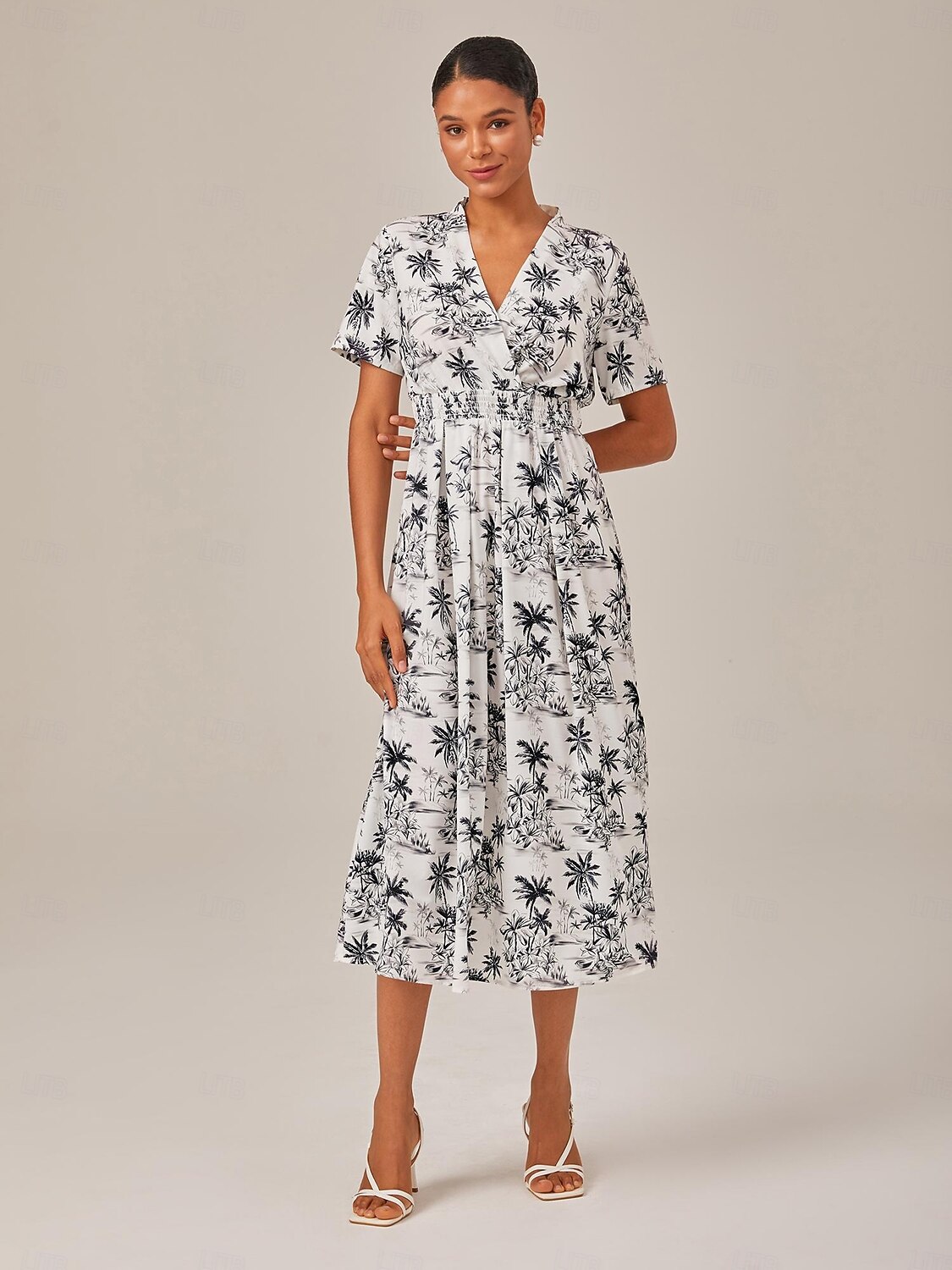 zwart &witte midi-jurk in strandprint in vakantiestijl 2025 - $81.99 –P4