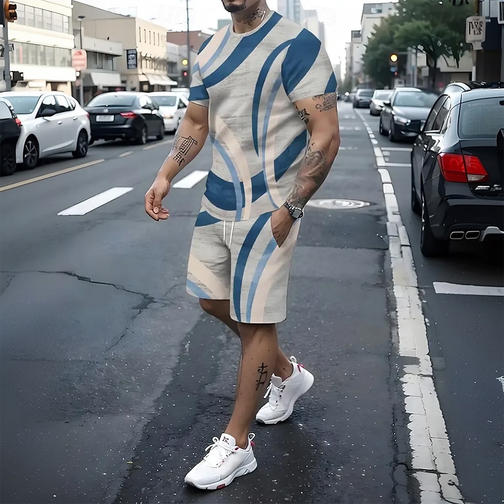 Men's Geometric 2pcs Tees sets Summer Tops Short Sleeve Short Pants Crew Neck Sport Casual Trendy Sports & Outdoor Casual Daily 3D Print Summer Blue 2025 - $25.99 –P1