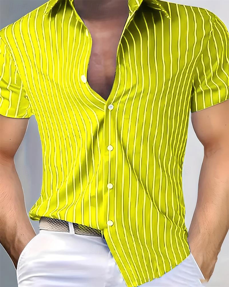 Per uomo Camicia Estiva Camicia casual Camicia da Spiaggia Camicia con Bottoni Giallo Verde chiaro Rosa Rosso Blu Manica Corta A righe Bavero Vacanza Camicia hawaiana Abbigliamento Poliestere Moda del 2025 a $26.99 –P6