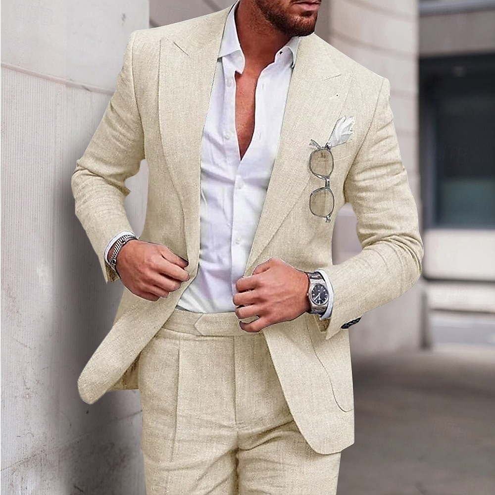 Pour des hommes Mariage Plage Costumes en lin vert pois Bleu Ciel Couleur Unie Coupe sur mesure 2 pièces Simple boutonnage un bouton de 2025 ? $112.99 –P3
