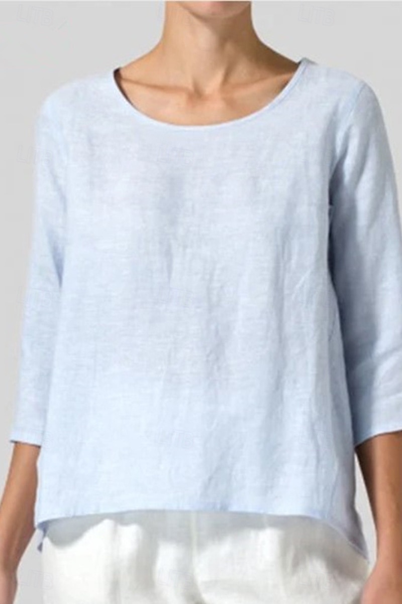 Femmes Chemisier Chemises en coton et lin Uni Basique Occasionnel Manche 3/4 Col ras du cou Hauts Réguliers Quotidien Fête Sortir Noir Blanche Rose Claire Vert Véronèse Gris Été de 2025 ? $22.99 –P4