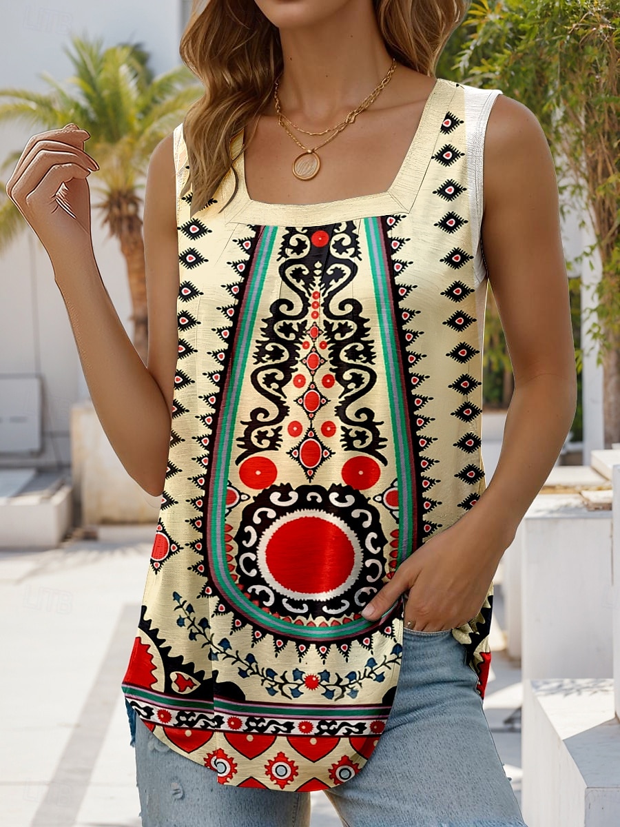 Dame Camisole Tank Top Grafisk Geometrisk Stilfull Fritid Ermeløs Firkantet hals Vanlige topper Daglig Ferie Ut på byen Rynket Broderi Trykt mønster Gul Sommer Vår 2025 - $17.99 –P1