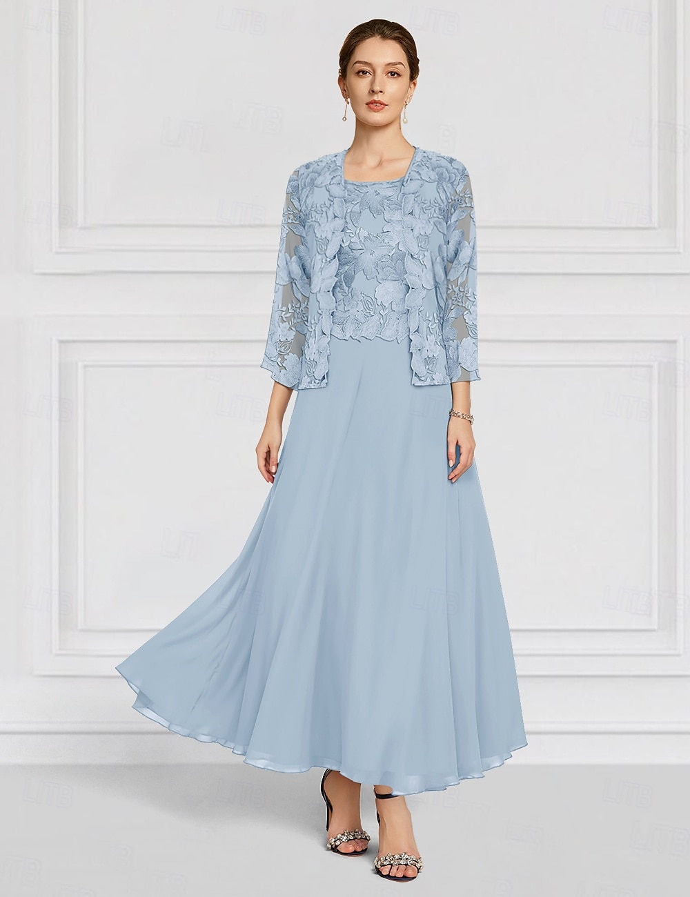 Set di Abiti Floreali Due Pezzi Madre della Sposa Elegante Collo a Giro Lunghezza Caviglia Chiffon Maniche Lunghe con Ricamo in Pizzo del 2025 a $158.99 –P3
