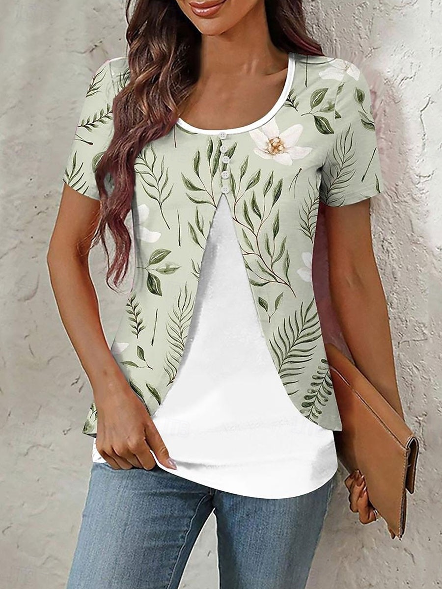 Dame T skjorte Blomstret Grafisk Elegant Stilfull Kortermet Crew-hals Rund hals Vanlige topper Daglig Ut på byen Lapper Knapper Lag-på-lag Rosa Blå Grønn Sommer Vår 2025 - $23.99 –P3