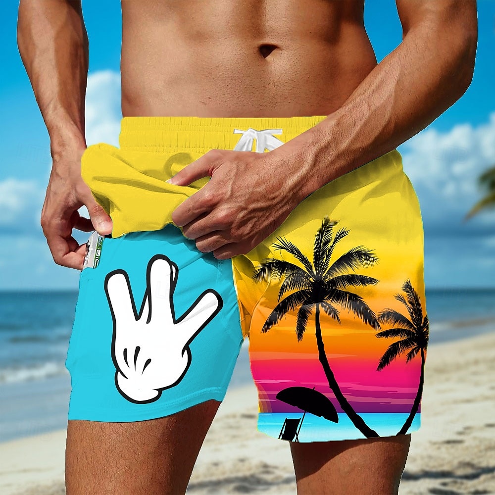Herr Kokosnötsträd Tecknad handtryck Fodrade shorts 2 i 1 simshorts Badshorts Medium Midja Hawaiisk Helgdag Standkläder Sidfickor Med kompressionsfoder Elastisk dragsko i midjan Designer Kläder 2025 - $21.99 –P1