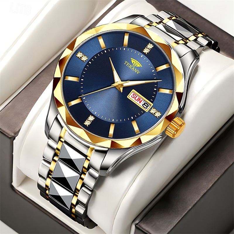 teranv-merkkinen muodikas miesten kvartsikello, jossa rombikuvioinen IPX7-vedenpitävä kaksoiskalenteri, valoisa teräsnauhakello, yrityskäyttöön 2025 - $12.99 –P2