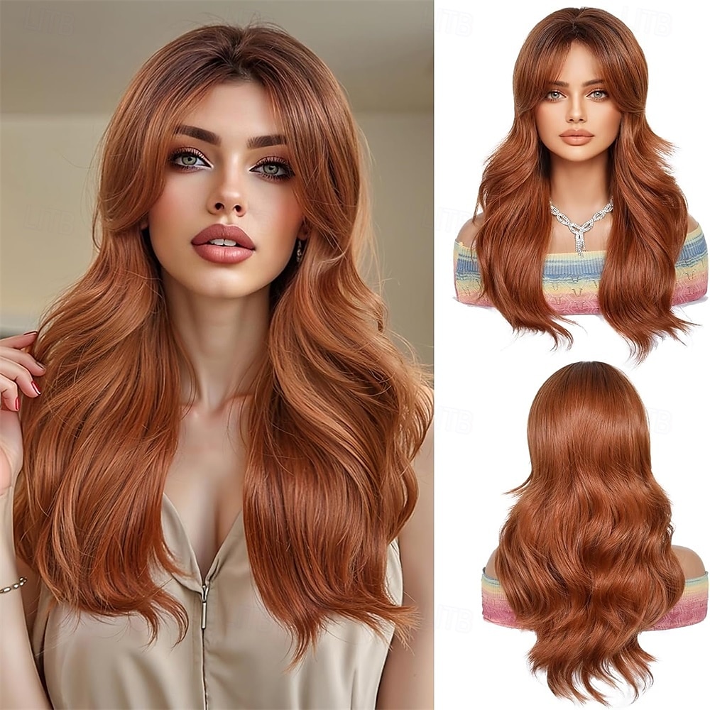 Perruque marron ombré pour femme avec frange rideau, cheveux synthétiques bouclés naturels de longueur moyenne, résistants à la chaleur, pour un usage quotidien, pour un cosplay ou une fête de 2025 ? $28.99 –P2