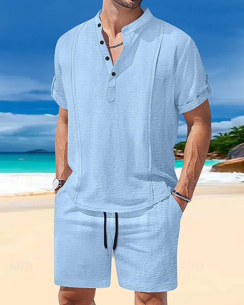 Men's T-shirt Suits 2 Pieces Outfits Tee & Shorts Short Sleeve Henley Summer Plain Fashion Casual 2 Piece Vacation Daily Wear Going out White Royal Blue Brown Top Tee for Men 2025 - $35.99 –P1