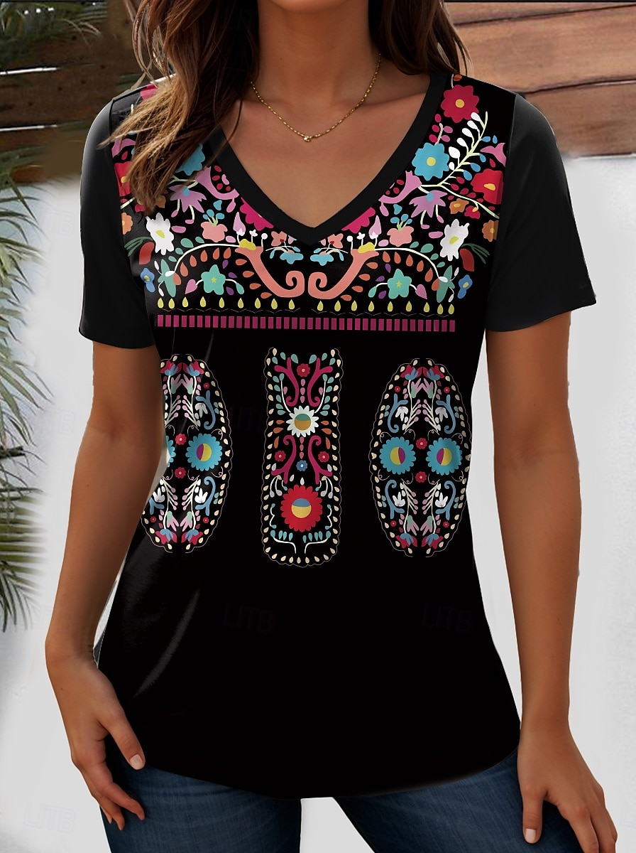 Women's T Shirt Graphic Geometric Paisley Bohemia Vintage Stylish Short Sleeve V Neck Regular Tops Daily Going out Beach Wear Print Black+White+Red Black White Red Purple Summer 2025 - $19.99 –P3