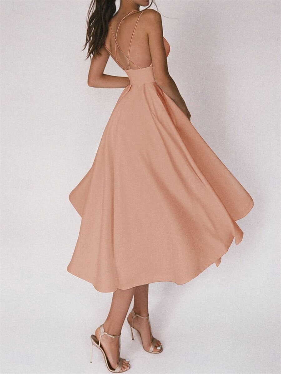 Hochzeitskleider A-Linie V Ausschnitt Ärmellos Tee-Länge Satin Brautkleider Mit Einfarbig 2025 2025 - $79.99 –P15