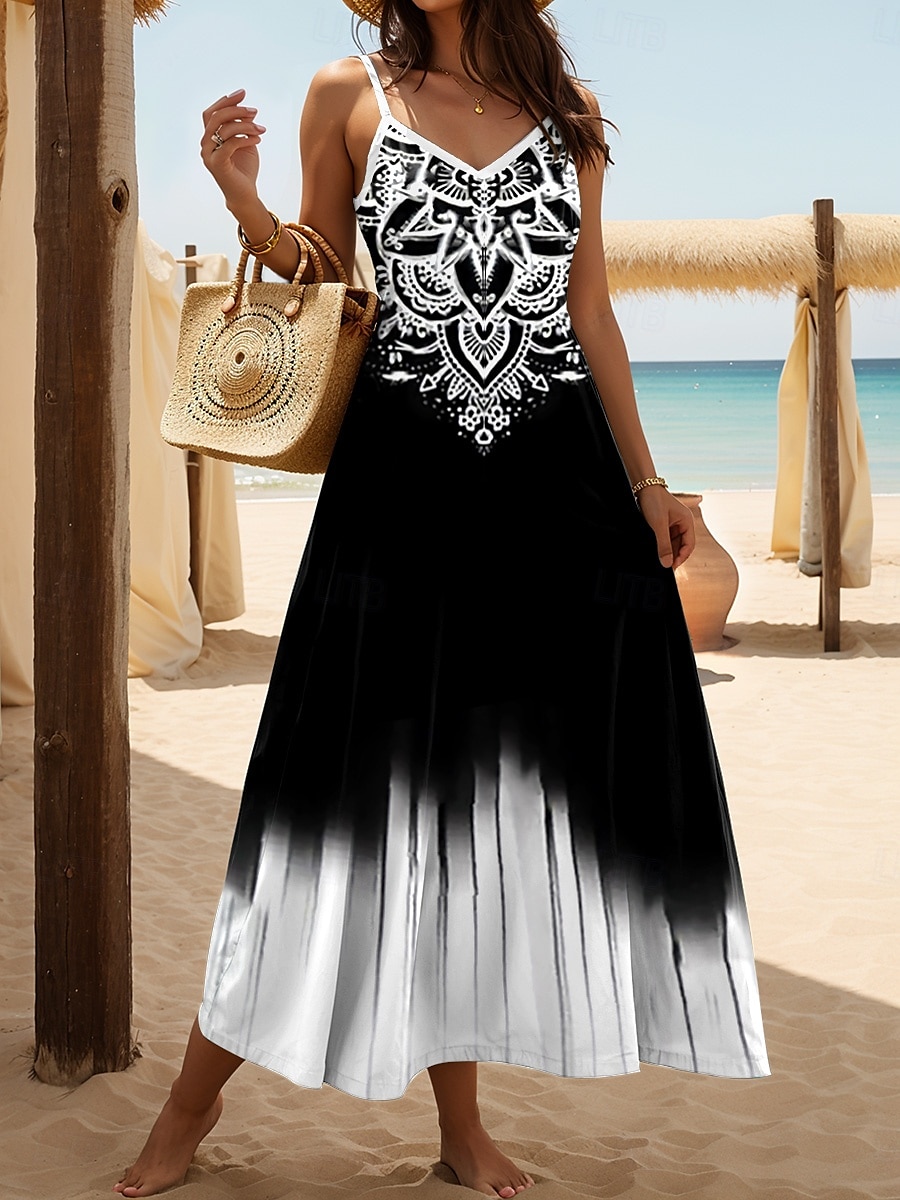 Femmes Robe maxi Robe trapèze Robe Nuisette Vacances Occasionnel Boho Sortir Plage Coupe régulière Fleuri Graphique Sans manches Col en V Noir Vert Été Printemps de 2025 ? $34.99 –P1