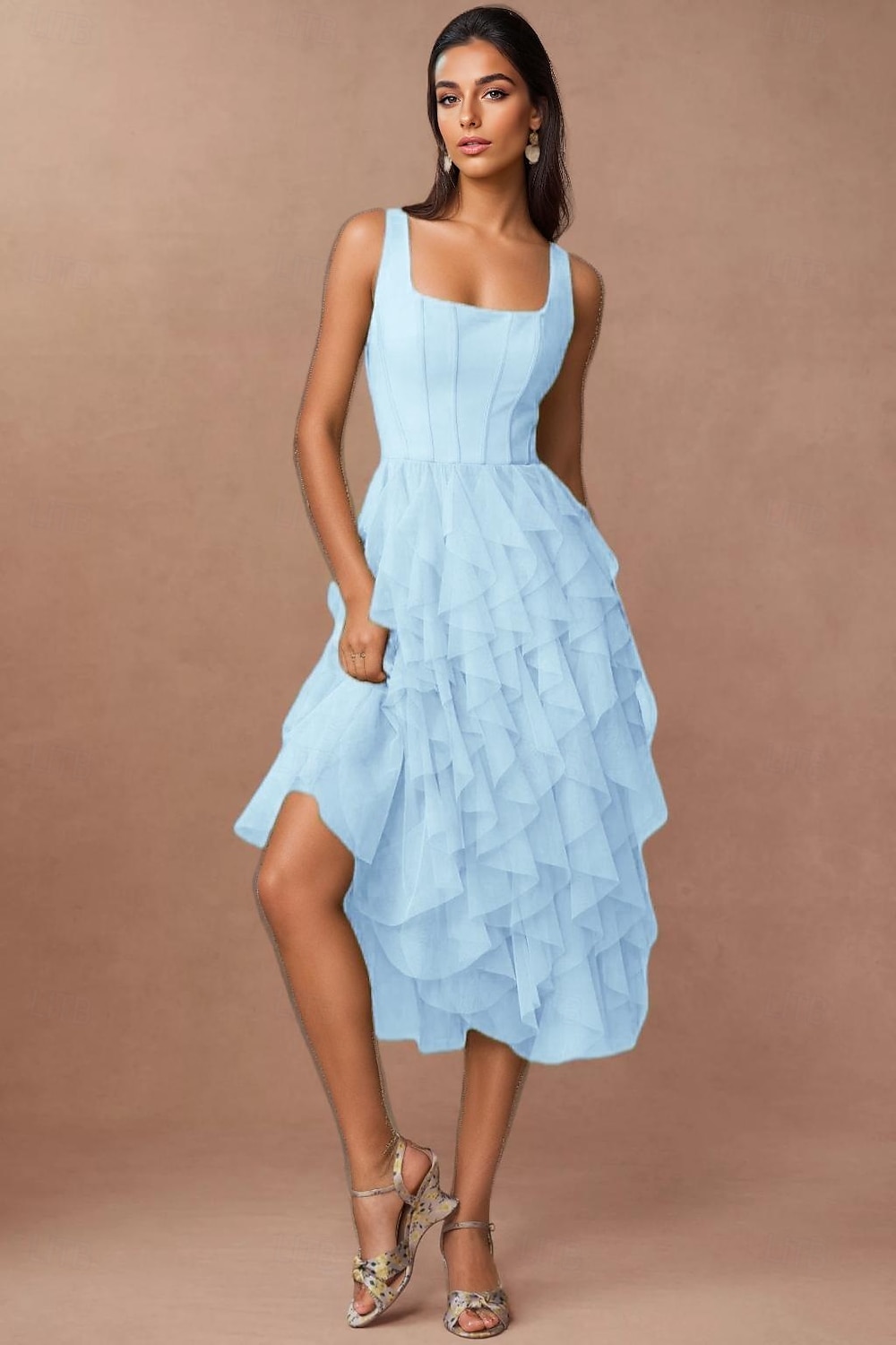 Robe Cocktail Verte A-Line Robe Corset Semi-Formelle Mariage Midi Sans Manches Col Carré Chiffon avec Volants de 2025 ? $148.99 –P6