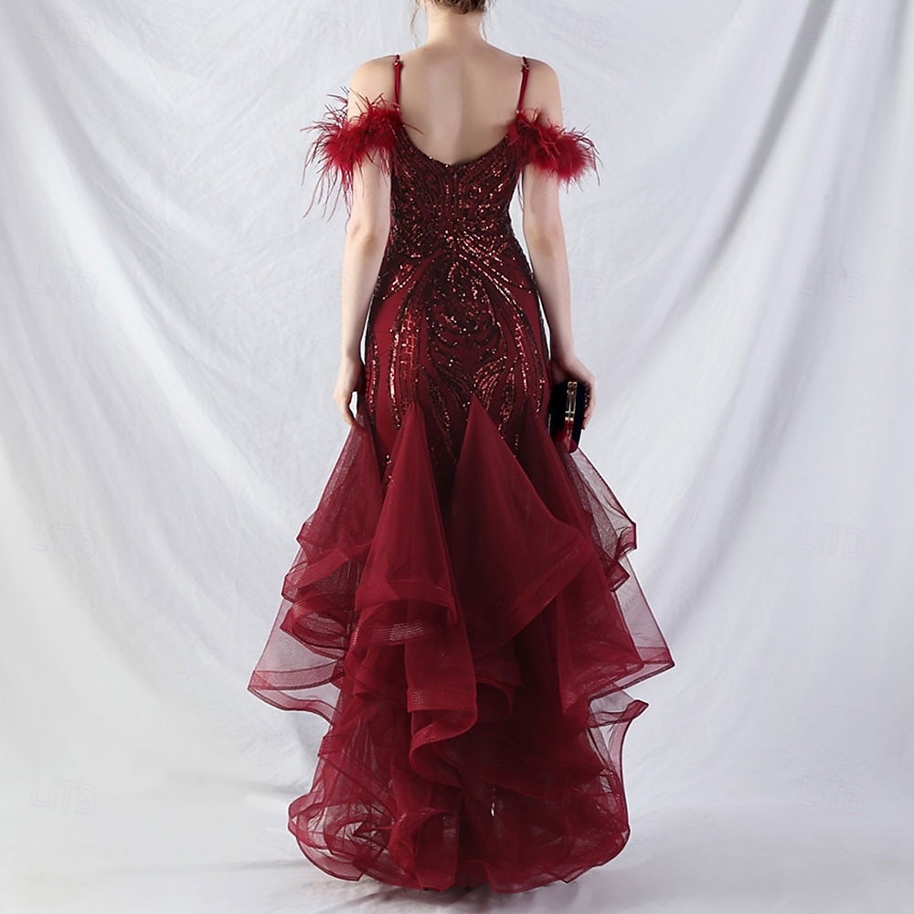 Abiti Quinceanera Mermaidi  Trumpet in Paillettes Elegante Abito Formale Semi Formale Matrimonio Lunghezza P_avimento Senza Maniche Scollo a V Tulle Volant con Piume del 2025 a $139.99 –P6