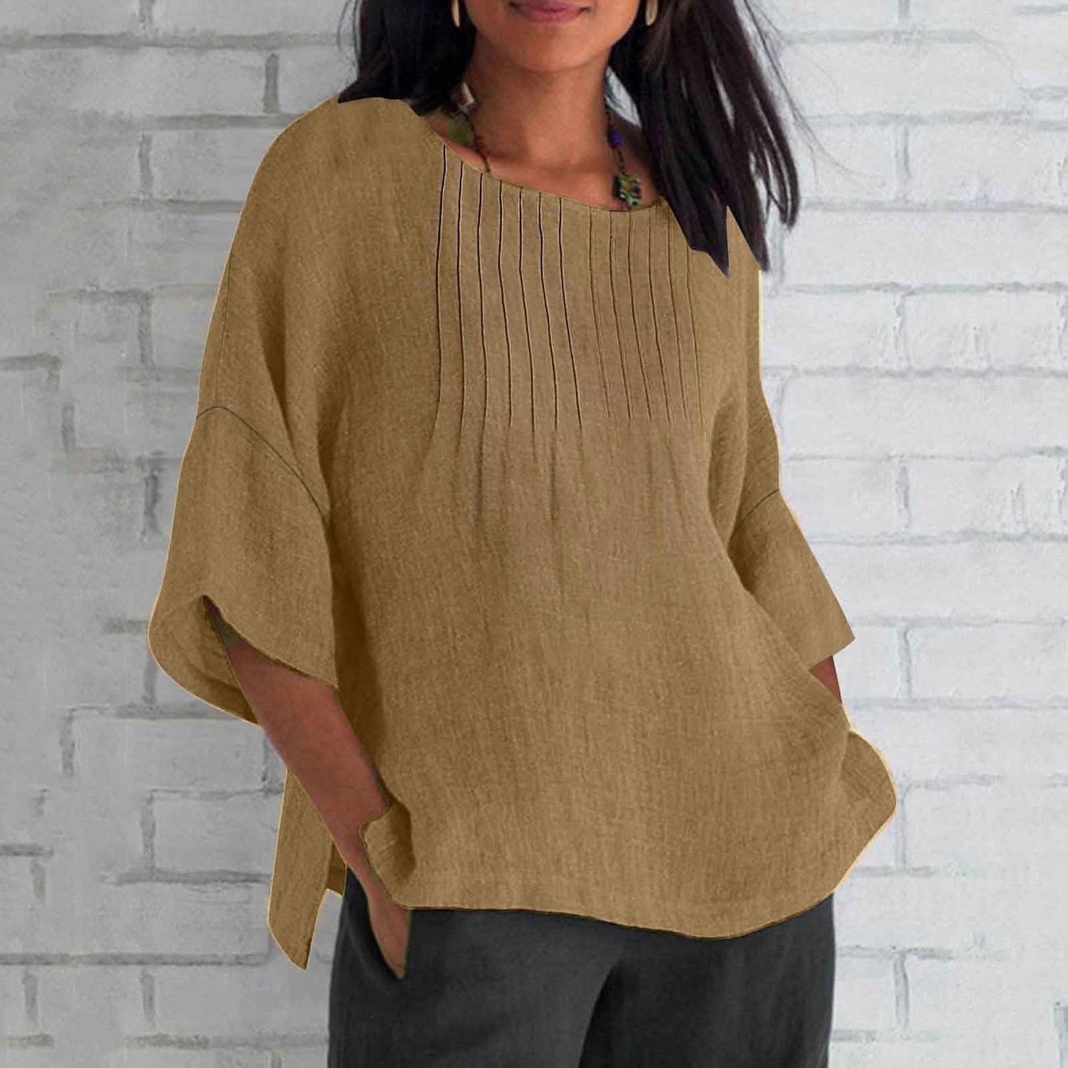 Women's Blouse Faux Cotton Linen Pleated Solid Color Elegant Casual Short Sleeve Crew Neck Regular Tops Daily Holiday Blue Pink Green Khaki Beige Summer 2026 - $21.99 –P2