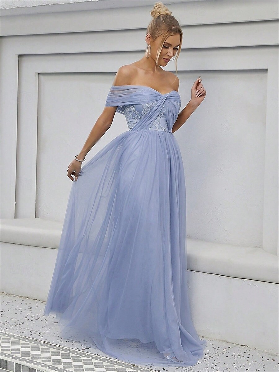 Linha A Vestido de Madrinha Ombro a Ombro Sem Manga Elegante Longo Tule com Cor Única 2022 de 2025 por $86.99 –P3