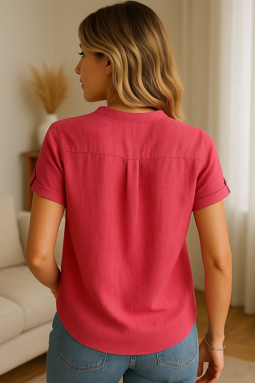 Dames Knoop omhoog Katoenen linnen overhemd Effen Stijlvol Modern Korte mouw V-hals Normale tops Dagelijks Feestdagen Knop Rood blauw Zomer 2025 - $25.99 –P5