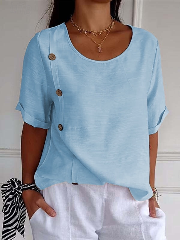 Femmes Chemises en coton et lin Uni Basique Manche Courte Col ras du cou Hauts Réguliers Quotidien Boutons Noir Blanche Vert Véronèse bleu marine Bleu Ciel Été de 2025 ? $16.99 –P4