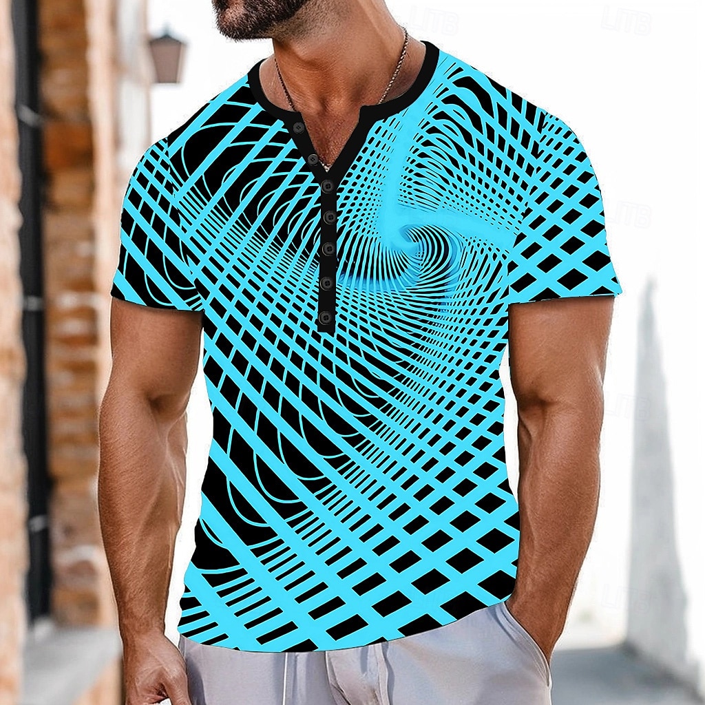 Men's Geometric Pattern T Shirt Henley Shirt Short Sleeve Sports Fashion Designer Outdoor Street Casual Summer Blue Orange Henley Henley T-Shirt 2025 - $18.99 –P1